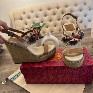 Excellent Condition Tory Burch Strappy Rattan Wedges with Floral Accents